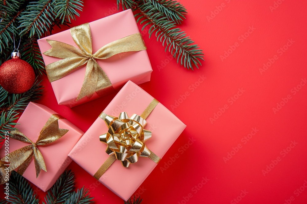 Red gift boxes with golden bows and pine branches on red background Red gift boxes with golden bows and pine branches on red background