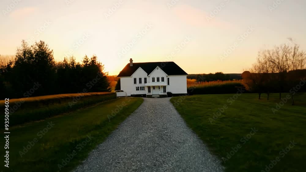 A serene sunset view of a white house on a gravel driveway in the countryside during golden hour A serene sunset view of a white house on a gravel driveway in the countryside during golden hour