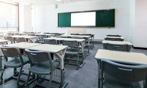 Modern classroom with desks and chairs