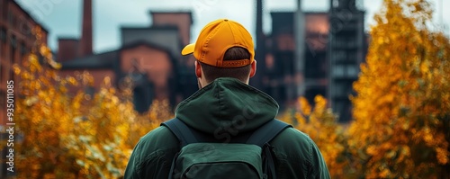 A man standing outside a closeddown factory, with a nostalgic and mournful expression photo