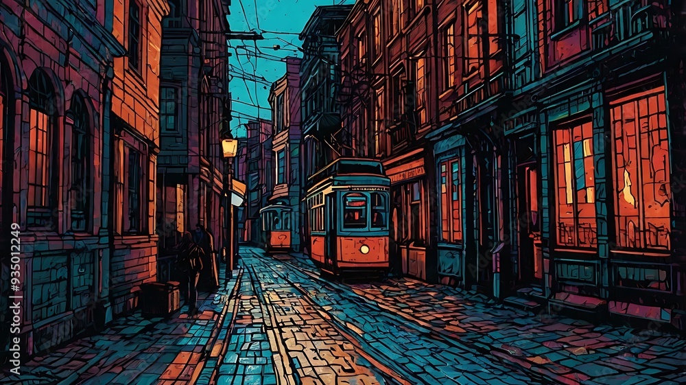 Fototapeta premium a Lino cut drawing of a city street , colorful , heavy strokes. AI generated 
