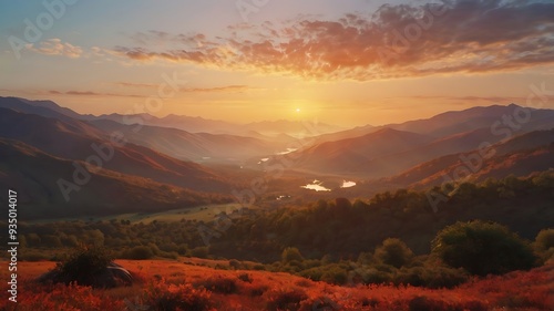 Digital painting depicting a breathtaking landscape at sunset features a wide valley surrounded by towering, snow capped mountains under a vibrant, orange hued sky photo