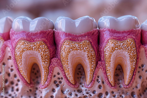 Microscopic examination of a perfect tooth showing detailed layers of enamel, dentin, and pulp, realistic, high detail, 8k photo