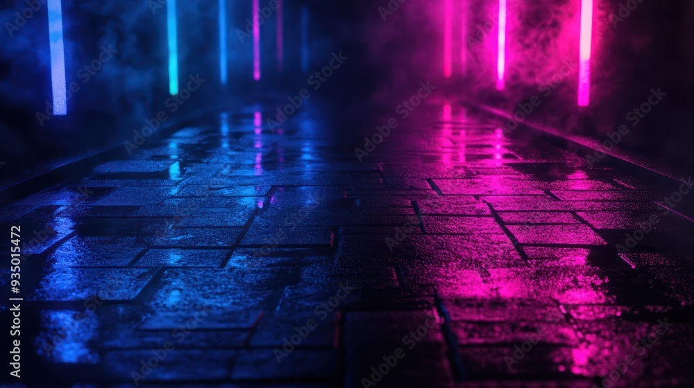 Wet Brick Pathway Illuminated by Neon Lights Wet Brick Pathway Illuminated by Neon Lights