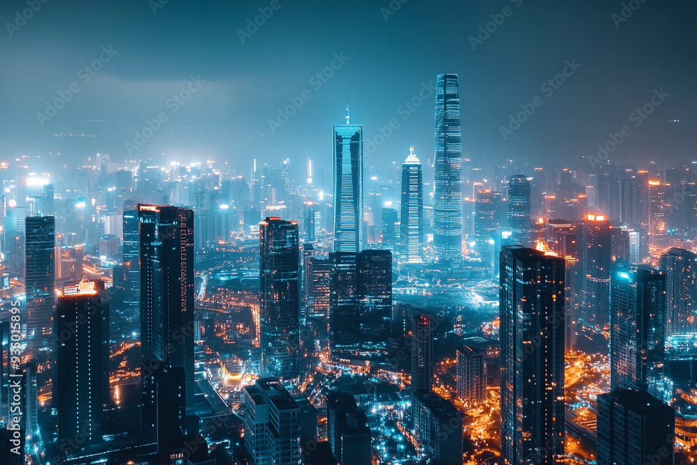 Fototapeta premium A panoramic view of a citys skyline at night