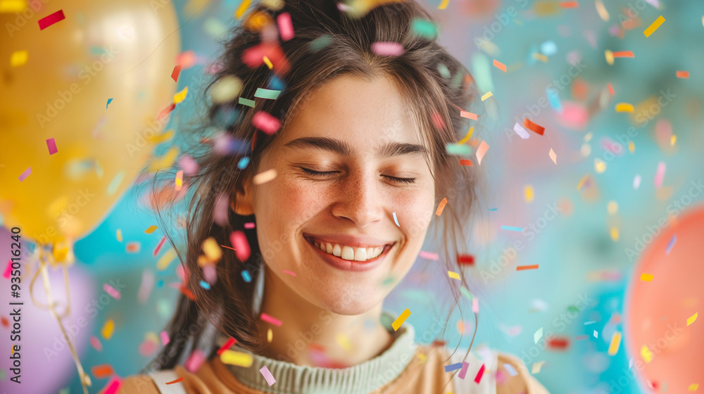 A woman celebrates joyfully with a closed smile, surrounded by vibrant confetti and balloons, capturing the essence of happiness during the festivities A woman celebrates joyfully with a closed smile, surrounded by vibrant confetti and balloons, capturing the essence of happiness during the festivities