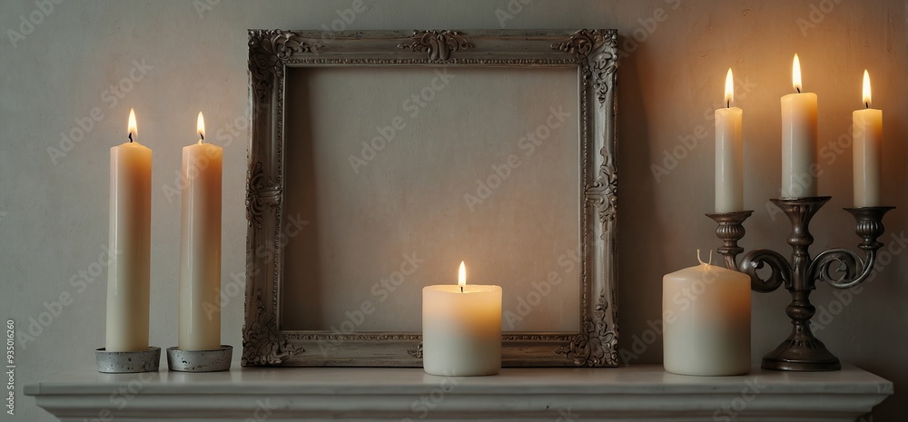 Candles and blank frame on mantelpiece near light wall Candles and blank frame on mantelpiece near light wall