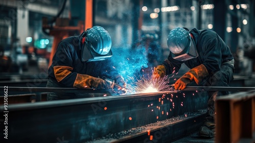 Two welders wearing protective gear welding metal beams in a factory.