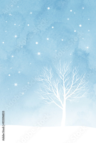 寒中見舞いはがき、キラキラ、枯れ木、水色、縦