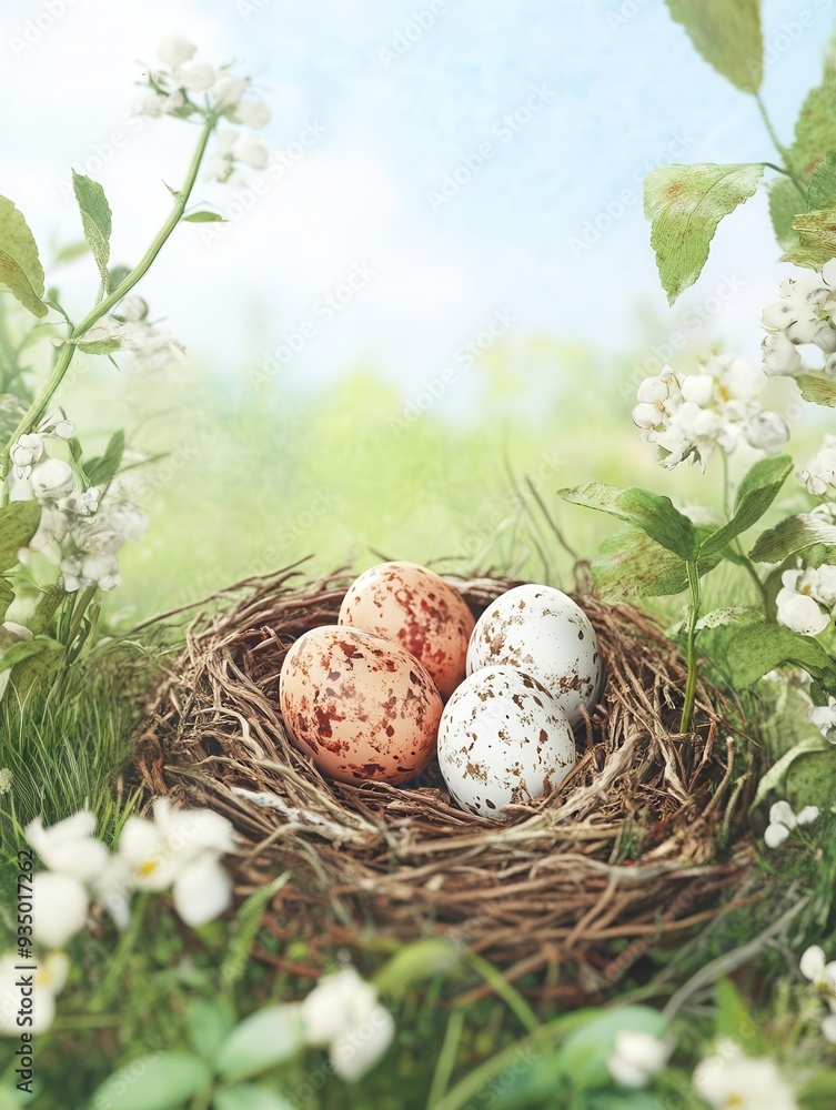 Fototapeta premium A serene nest with colorful eggs surrounded by delicate flowers, symbolizing nature's beauty and new beginnings.
