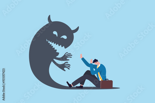 Fear, anxiety or panic attack, afraid of mistake, scared or nightmare suffering, depression or dread, worry or trouble causing distraught concept, fearful businessman afraid of evil monster shadow.