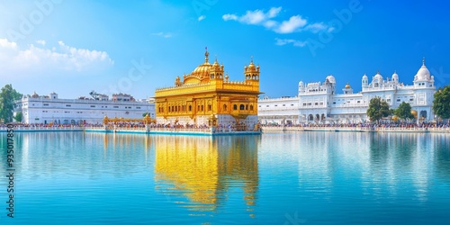 Abstract Sikh Pilgrims at Golden Temple: Minimalist Cultural Illustration of Amritsar's Sacred Pool. AI-Generated Design Featuring Elegant Gradients and Textures for Marketing, UI, and High-Resolution