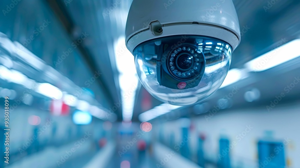 A Security Camera Mounted on the Ceiling of a Hallway A Security Camera Mounted on the Ceiling of a Hallway
