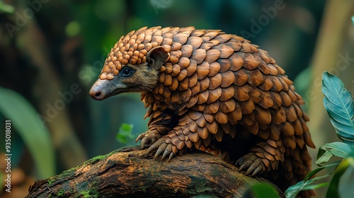 Closeup of a critically endangered pangolin in a protected area, wildlife conservation, species protection photo