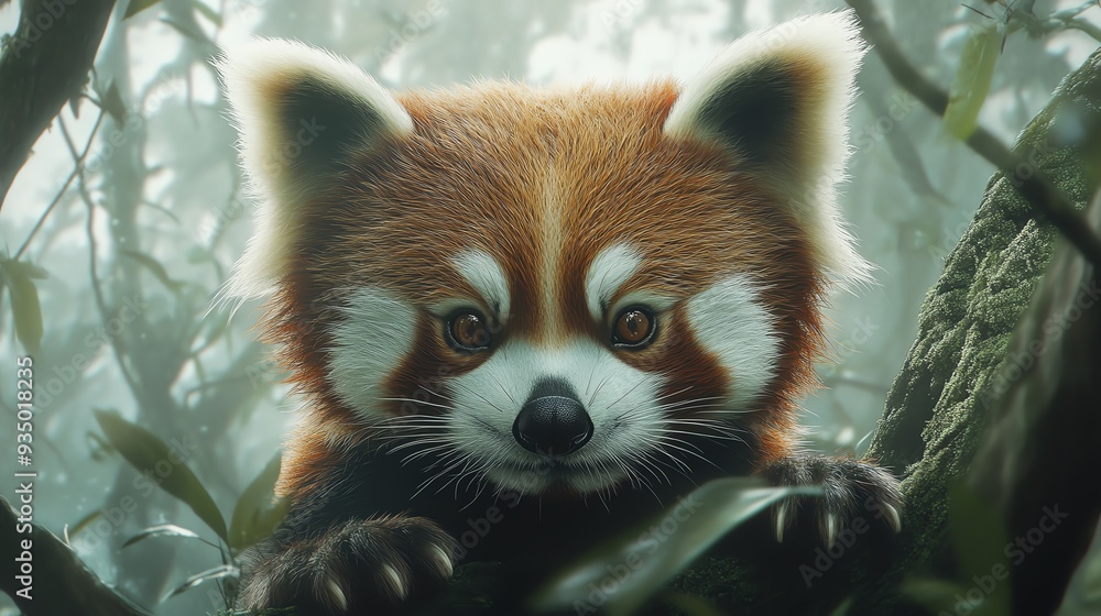 Closeup of an endangered red panda in a misty forest, wildlife conservation, habitat preservation Closeup of an endangered red panda in a misty forest, wildlife conservation, habitat preservation