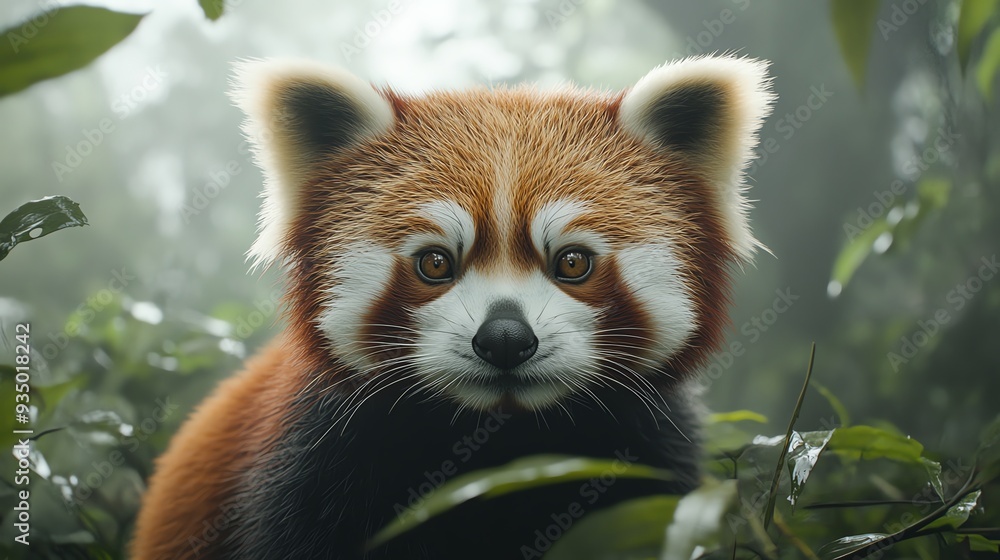 Fototapeta premium Closeup of an endangered red panda in a misty forest, wildlife conservation, habitat preservation