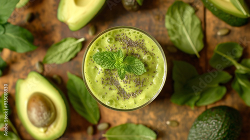 a healthy drink of sweet green avocado smoothie in a glass, set on a wooden table