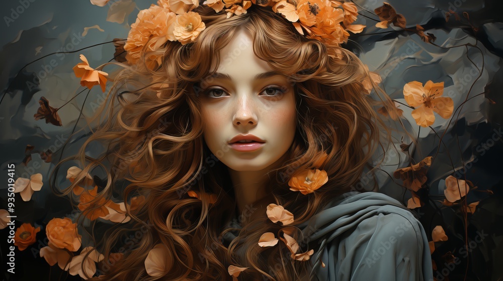 Autumn Muse with Wavy Hair and Floral Crown, Embodying the Spirit of Fall in a Watercolor Portrait Autumn Muse with Wavy Hair and Floral Crown, Embodying the Spirit of Fall in a Watercolor Portrait