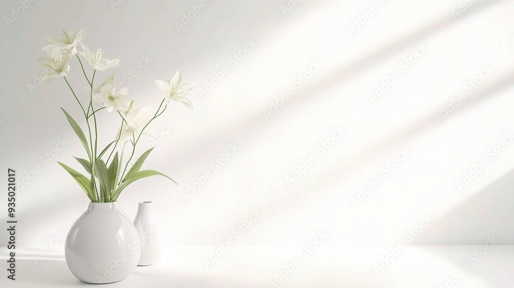 Serene Minimalism: White lilies in a modern vase bathed in soft sunlight against a clean white backdrop, offering a sense of tranquility and peace. Serene Minimalism: White lilies in a modern vase bathed in soft sunlight against a clean white backdrop, offering a sense of tranquility and peace.