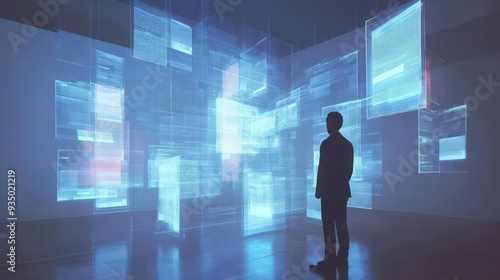 holographic filing system organizes floating document projections futuristic office