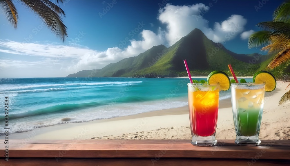Obraz premium A romantic vacation on an exotic beach with cocktails