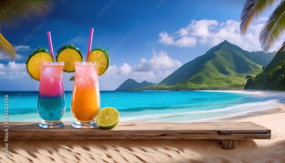 Obraz premium A romantic vacation on an exotic beach with cocktails