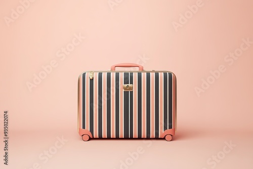 Striped suitcase on pastel pink background, stylish travel conce photo