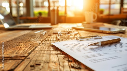 Rustic wooden table with paper stack and vintage pen under a sunlit window beam setting