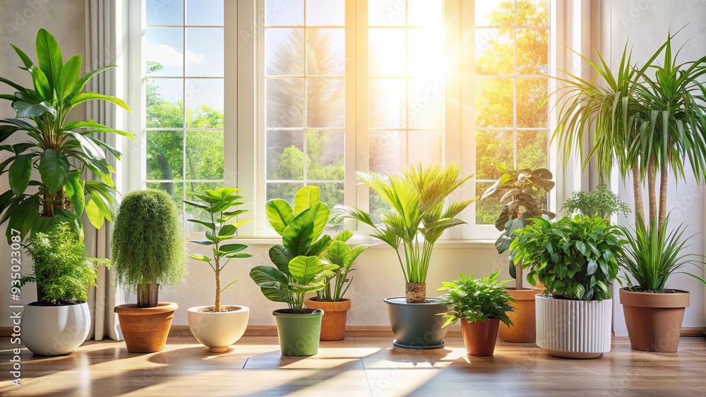 Fototapeta premium Houseplants basking in the sunlight of a vibrant interior , houseplants, sun-drenched, thriving, greenery