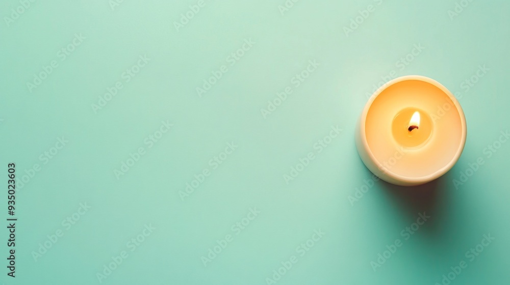 A Single Burning Candle on a Teal Background