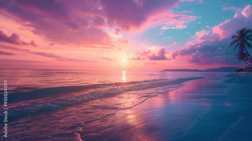 Obraz premium Tropical sea beach colorful sky sand sunset light. Relaxation landscape, horizon with palm trees and calm sea. Romantic couple seaside beach, shore coast nature. Gorgeous landscape, stunning sky , ai
