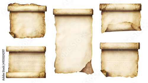Set of blank vintage scrolls isolated on a transparent background