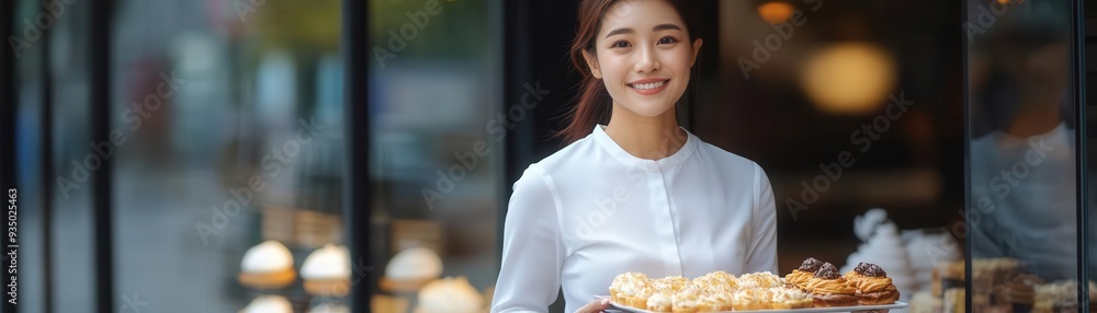 Smiling woman holding a tray of freshly baked bread in front of a bakery shop with a welcoming expression. Smiling woman holding a tray of freshly baked bread in front of a bakery shop with a welcoming expression.