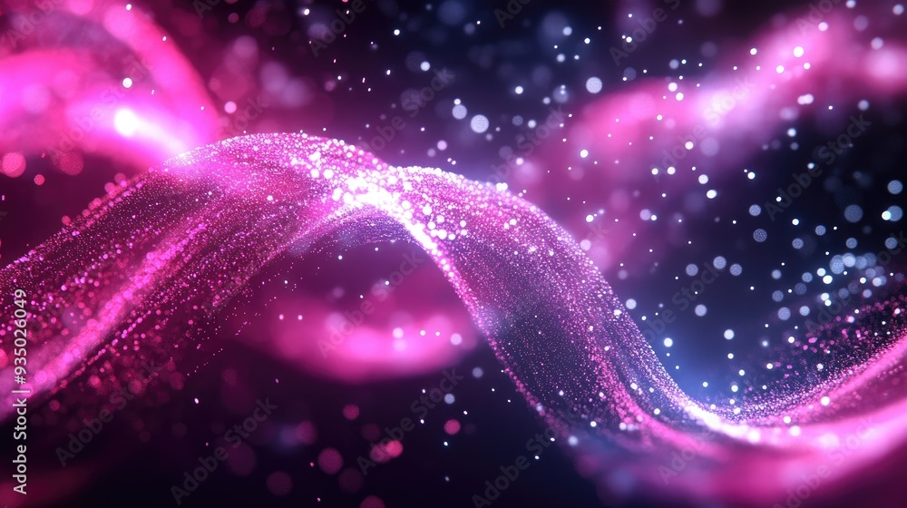 Fototapeta premium Abstract pink and white glowing wave with bokeh effect on a black background.