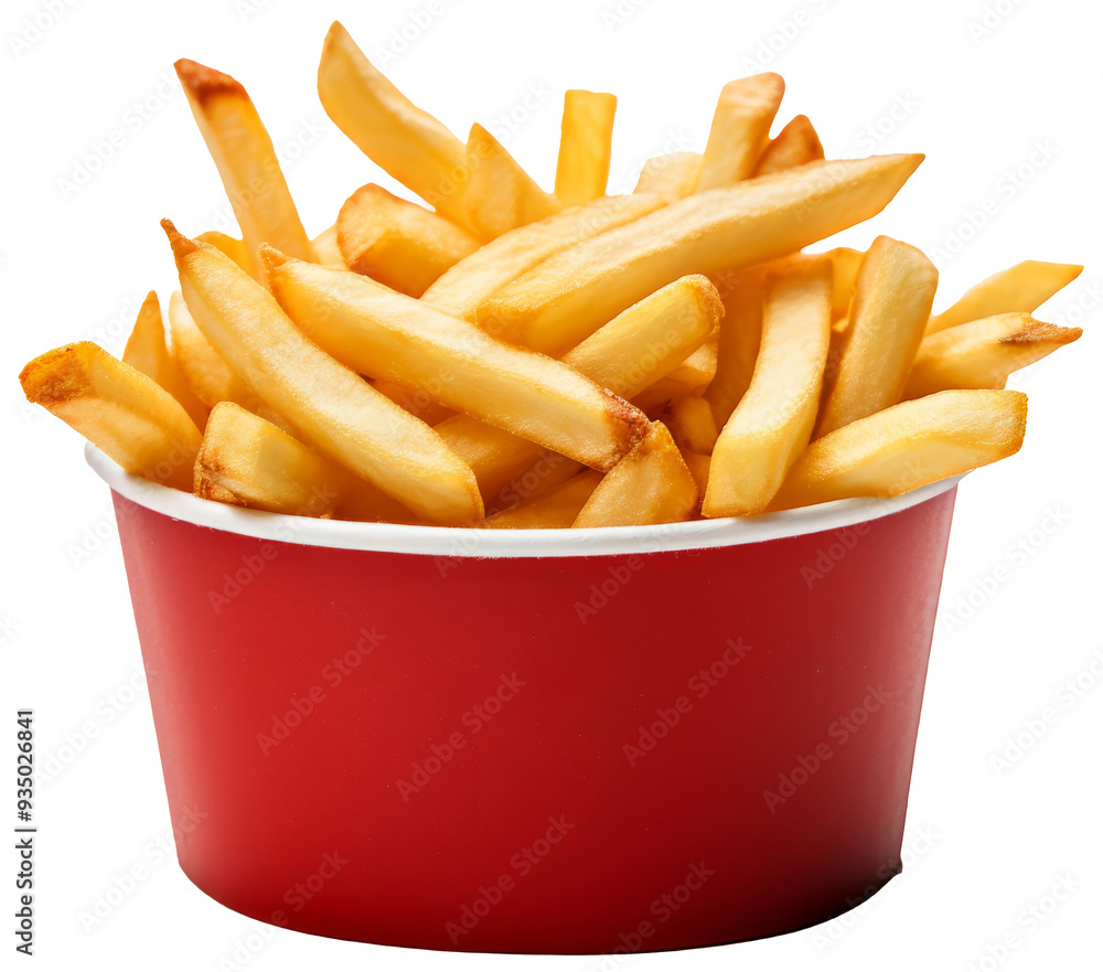 Crispy Golden Fries in Red Cup isolate on transparency background PNG Crispy Golden Fries in Red Cup isolate on transparency background PNG
