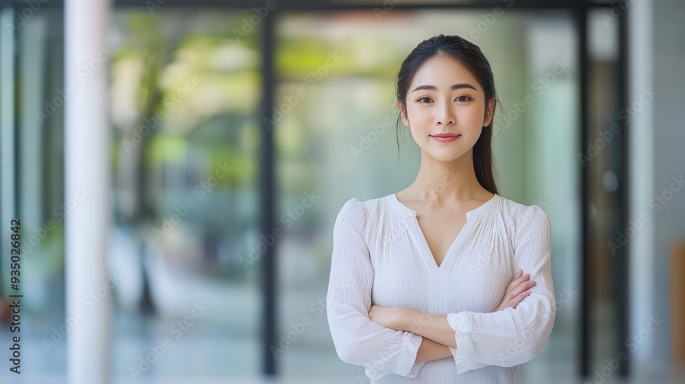 Confident woman in white blouse standing with arms crossed, office background. Professional, successful businesswoman in workplace.