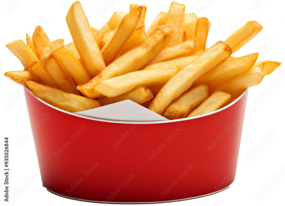 Crispy Golden French Fries: A mouthwatering close-up of perfectly golden, crispy french fries in a red paper container. The image evokes a sense of comfort, indulgence, and pure deliciousness. Crispy Golden French Fries: A mouthwatering close-up of perfectly golden, crispy french fries in a red paper container. The image evokes a sense of comfort, indulgence, and pure deliciousness.