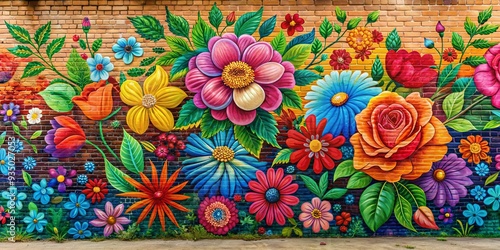 Vibrant floral mural painted on a brick wall , Flower, colorful, artistic, design, outdoor, nature, decorative, garden