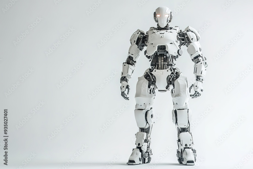 Advanced bipedal robot poised against white backdrop Advanced bipedal robot poised against white backdrop