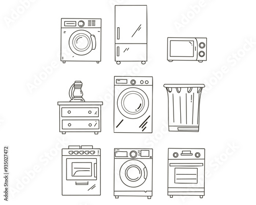 The set of doodle line drawings household appliances on white background: Washing and dryer machine, frige, elektric and gas stove, microwave, coffe machine photo