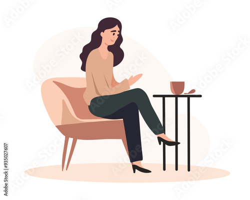 Woman sits at caffe table, powdery tones