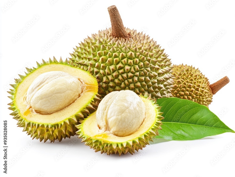 Close-up of durian fruit with green leaves on white background. Close-up of durian fruit with green leaves on white background.