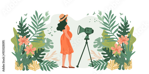 Banner with pregnant woman filming videoblog at wild nature