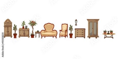 The set of vintage retro furniture, potted home plant and flower, wardrobe, sideboard, dresser, armchair, coffee table and sofa