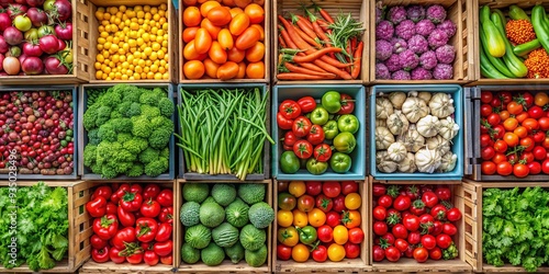 Overhead view of colorful crates filled with fresh vegetables, crates, vegetables, produce, overhead, top view, market
