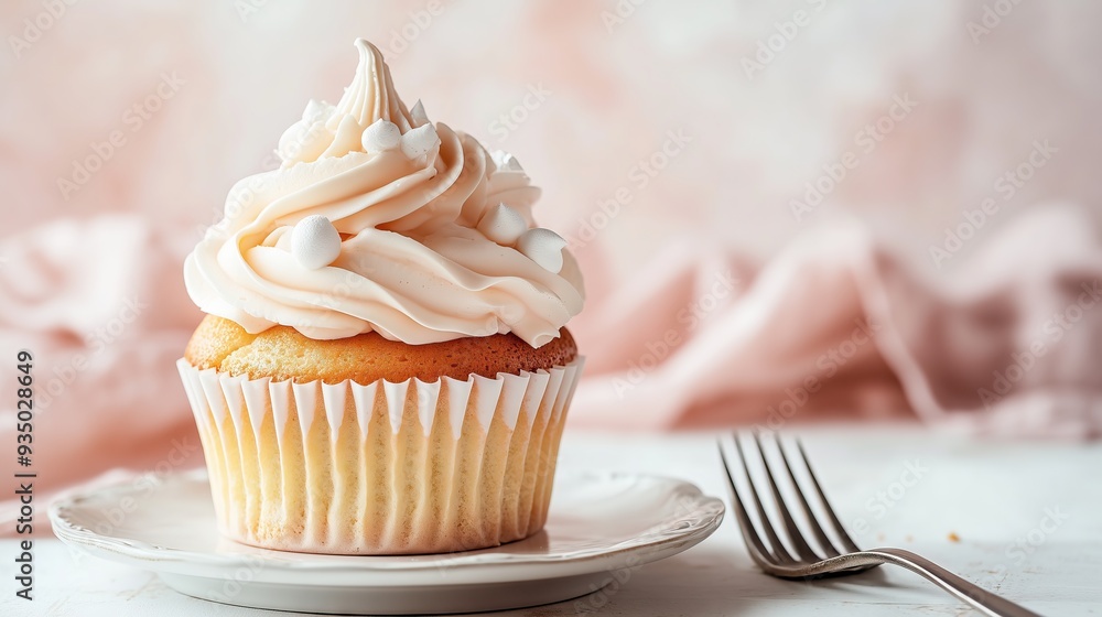 Vanilla cupcake with merignue buttercream on white classical plate Vanilla cupcake with merignue buttercream on white classical plate