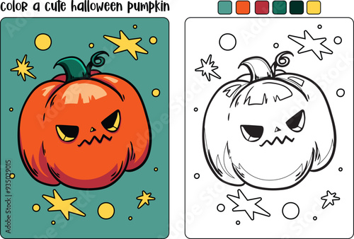 Halloween pumpkin coloring pages for kids. Handdrawn autumn illustration with a funny pumpkin. Doodle pumpkin Trick or treat. Spooky cute face Pumpkin. Vector colouring page in cartoon style. photo