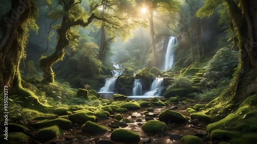 A mysteriously enchanting Black Forest-inspired landscape, teeming with lush foliage and ancient trees illuminated by ethereal beams of sunlight. This captivating photograph captures the essence of a  photo