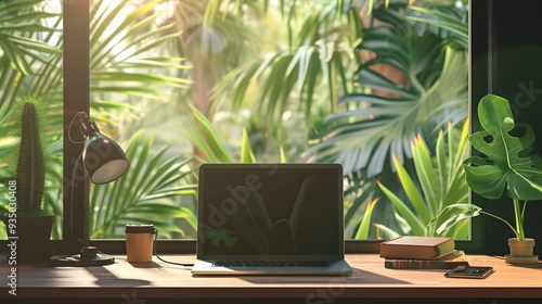 Laptop on Desk with Lush Na...