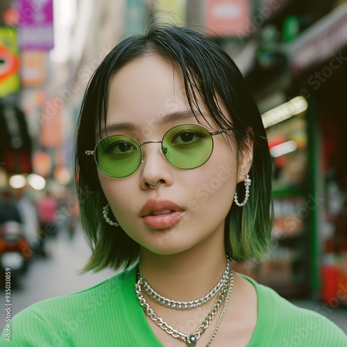 Trendy young woman in green outfit with matching sunglasses on city street